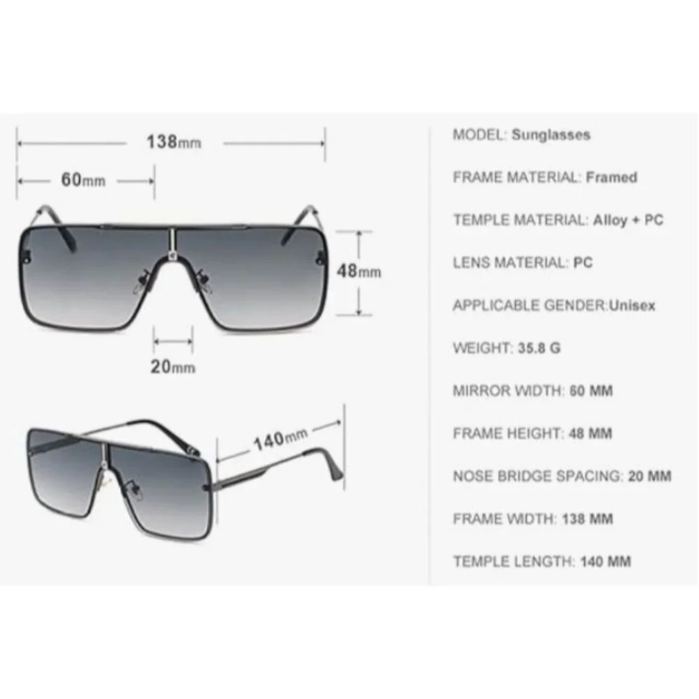 Oversized Sunglasses Men Luxury Designer One Piece Mental Frame Square Sun Glass